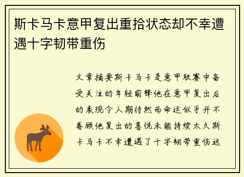 斯卡马卡意甲复出重拾状态却不幸遭遇十字韧带重伤